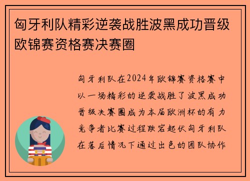 匈牙利队精彩逆袭战胜波黑成功晋级欧锦赛资格赛决赛圈