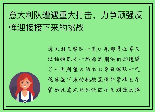 意大利队遭遇重大打击，力争顽强反弹迎接接下来的挑战