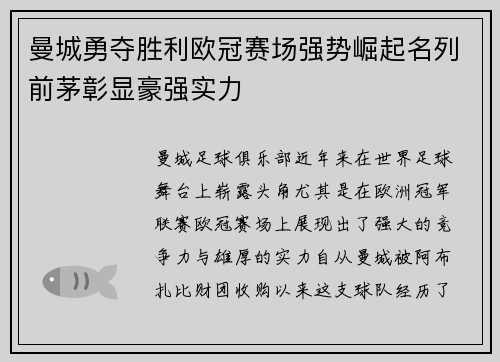 曼城勇夺胜利欧冠赛场强势崛起名列前茅彰显豪强实力