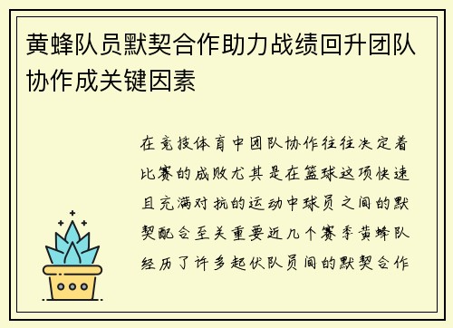 黄蜂队员默契合作助力战绩回升团队协作成关键因素