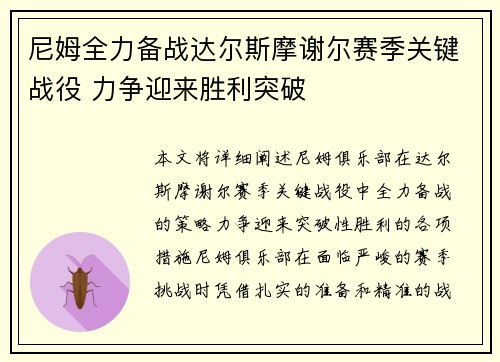 尼姆全力备战达尔斯摩谢尔赛季关键战役 力争迎来胜利突破