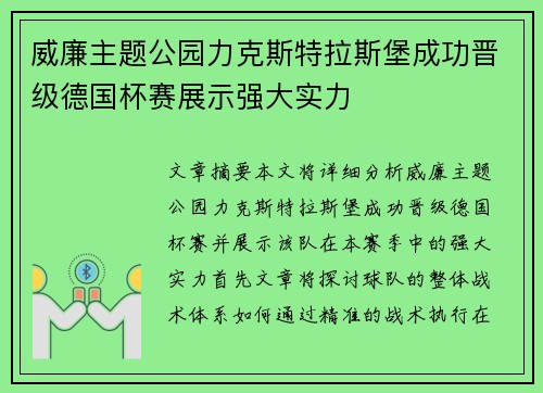 威廉主题公园力克斯特拉斯堡成功晋级德国杯赛展示强大实力
