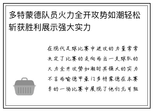 多特蒙德队员火力全开攻势如潮轻松斩获胜利展示强大实力
