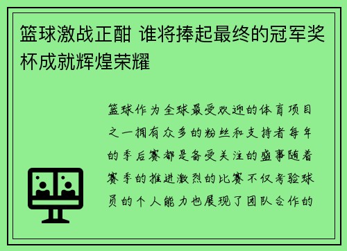 篮球激战正酣 谁将捧起最终的冠军奖杯成就辉煌荣耀