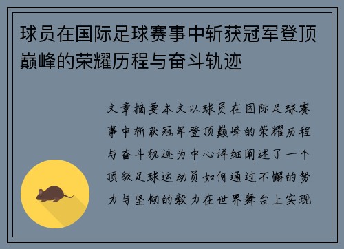 球员在国际足球赛事中斩获冠军登顶巅峰的荣耀历程与奋斗轨迹