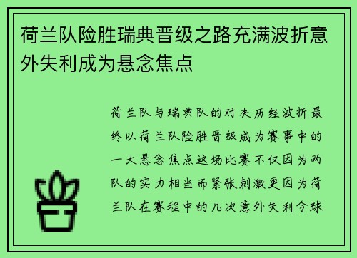 荷兰队险胜瑞典晋级之路充满波折意外失利成为悬念焦点