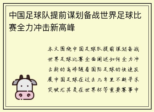 中国足球队提前谋划备战世界足球比赛全力冲击新高峰