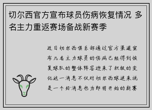 切尔西官方宣布球员伤病恢复情况 多名主力重返赛场备战新赛季