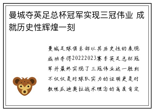 曼城夺英足总杯冠军实现三冠伟业 成就历史性辉煌一刻