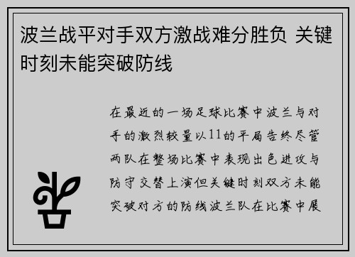 波兰战平对手双方激战难分胜负 关键时刻未能突破防线