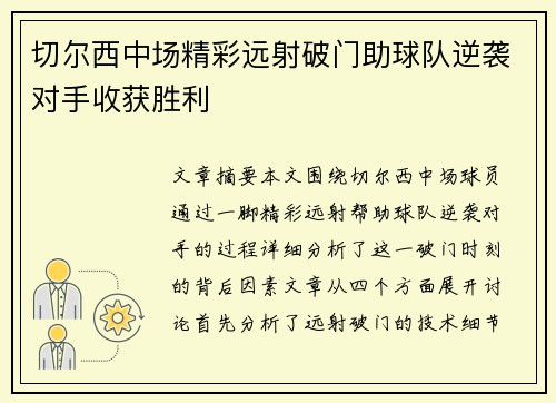 切尔西中场精彩远射破门助球队逆袭对手收获胜利
